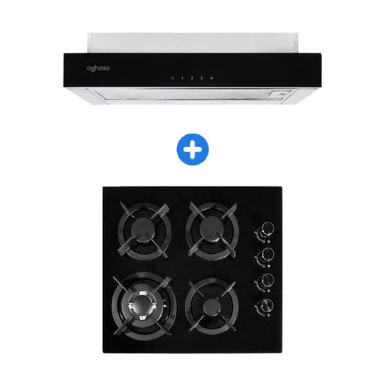 COMBO: ENCIMERA AGHASO MESA DE VIDRIO 4 HORNILLAS + CAMPANA EXTRAIBLE PREMIUM
