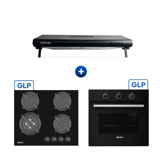 Tricombo Campana Extractora Black 60 cm + Encimera Compacta GLP 60 cm + Horno Empotrable 4 Funciones 60 L Aghaso