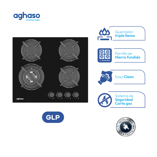 Encimera Aghaso 60 cm de Vidrio Templado 4 Hornillas GLP