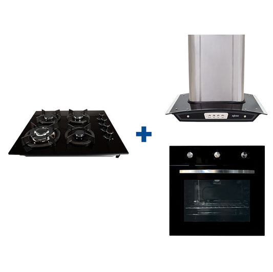 Combo: Encimera 4 hornillas GN + Campana Chimenea 60 cm + Horno a gas 7 funciones GN