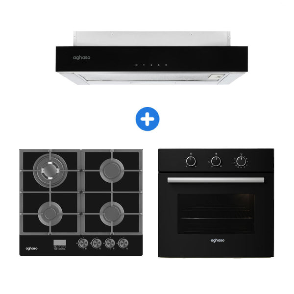 Combo: ENCIMERA AGHASO MESA  VIDRIO 60 CM COMPACTA GLP + CAMPANA EXTRAIBLE PREMIUM 60 CM + HORNO 4 FUNCIONES GLP
