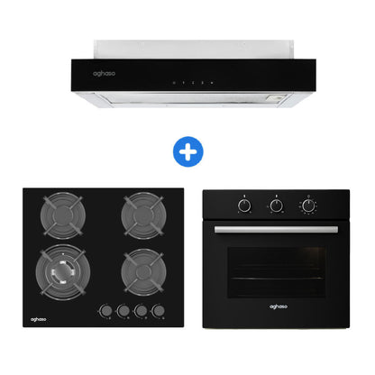 Combo: Encimera Modular 4 Hornillas GLP + Campana Extraible Premium Black 60 CM + Horno 4 Funciones GLP