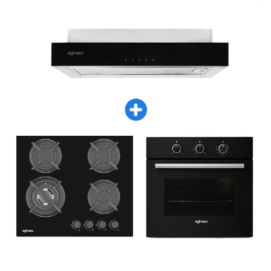 Combo: Encimera Modular  4 hornillas GLP + Campana Extraible Premium Black 60 CM + Horno 4 funciones GLP
