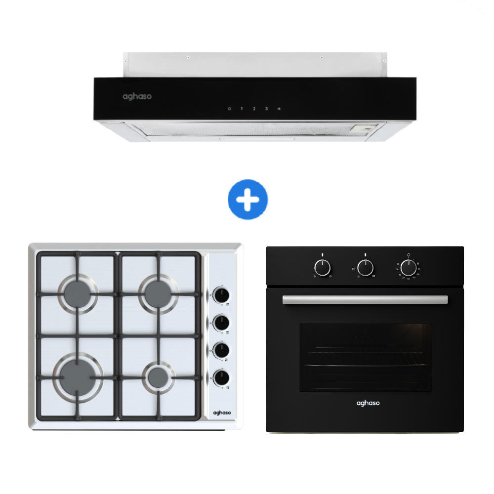Combo: Encimera Aghaso Inox Compacta GLP + Campana Extraible Premium Black 60 CM + Horno 4 Funciones GLP