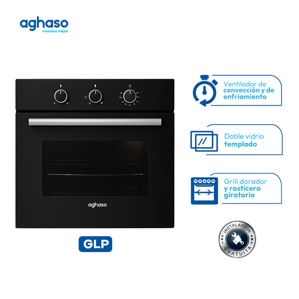 Horno Aghaso 60L Empotrable a Gas GLP con Rosticero y 4 Funciones