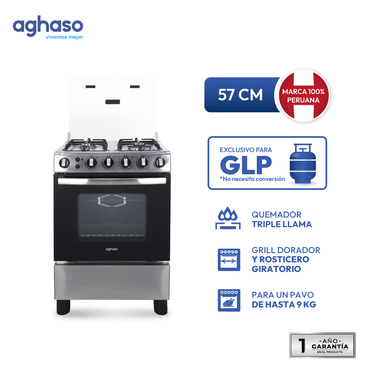 Cocina Aghaso Premium 4 Hornillas GLP con Horno y Rosticero