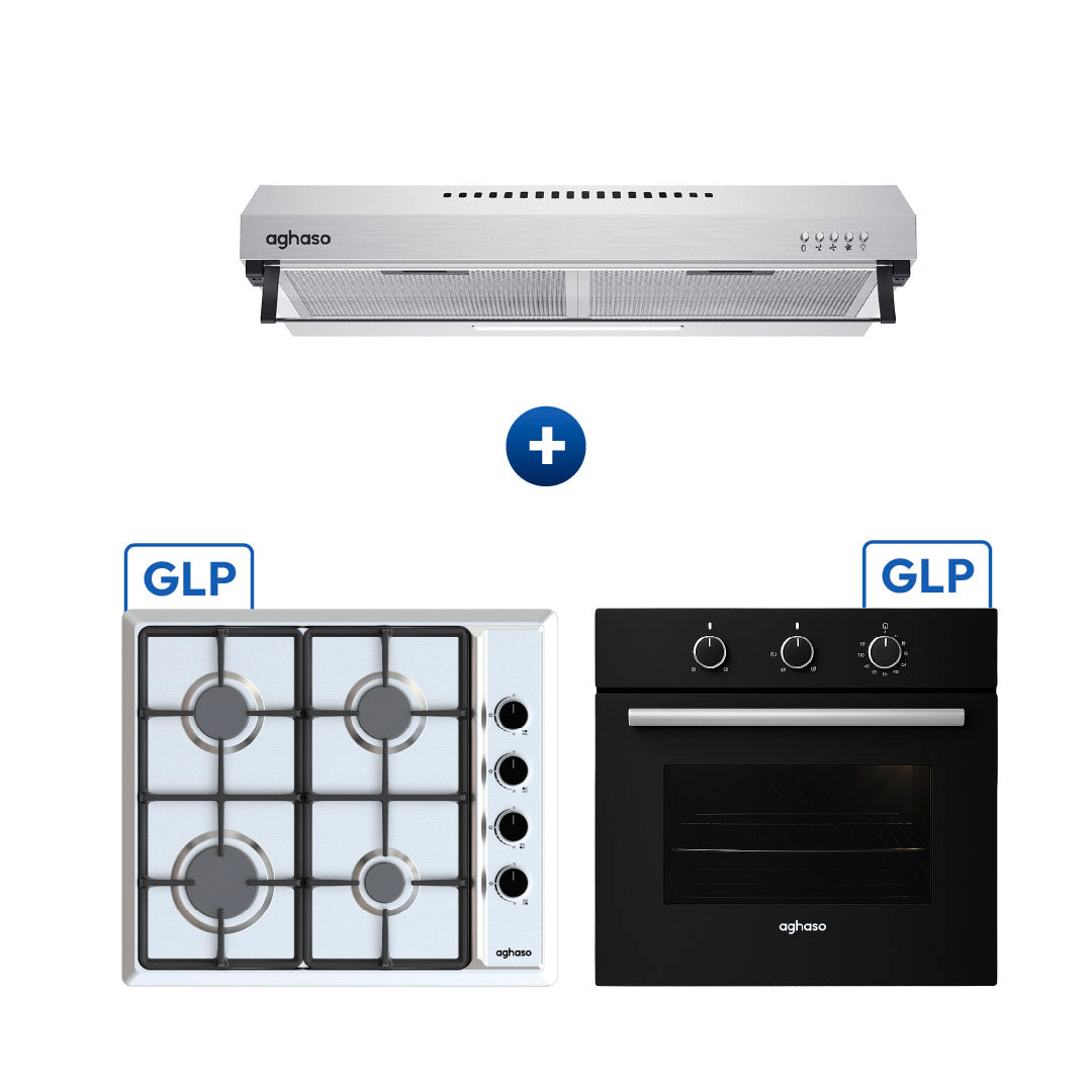 Tricombo Cocina Aghaso: Campana Extractora + Encimera a Gas GLP + Horno Empotrable