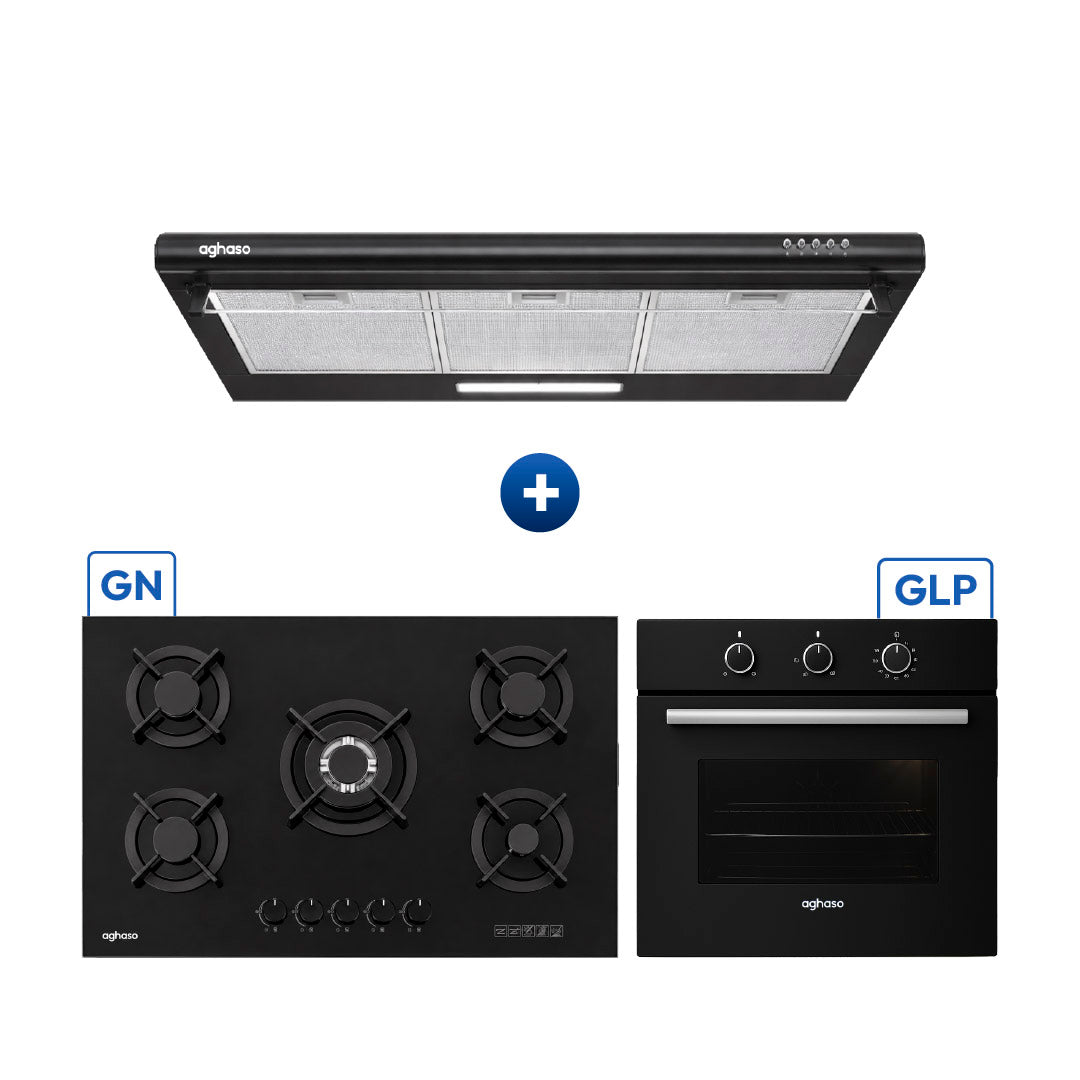 Tricombo Aghaso Black 90 cm: Campana Negra + Encimera + Horno