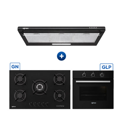 Tricombo Aghaso Black 90 cm: Campana Negra + Encimera + Horno