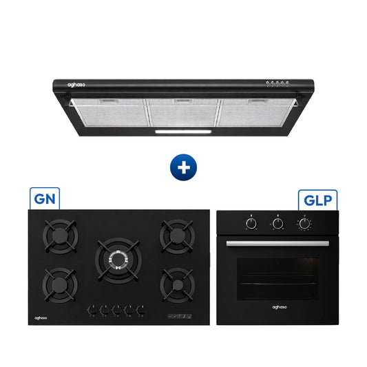 Tricombo Aghaso Black 90 cm: Campana Negra + Encimera + Horno