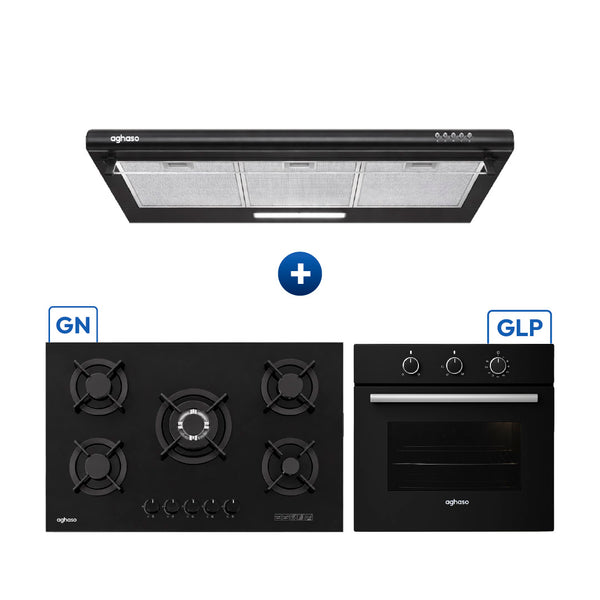 Tricombo Aghaso Black 90 cm: Campana Negra + Encimera + Horno