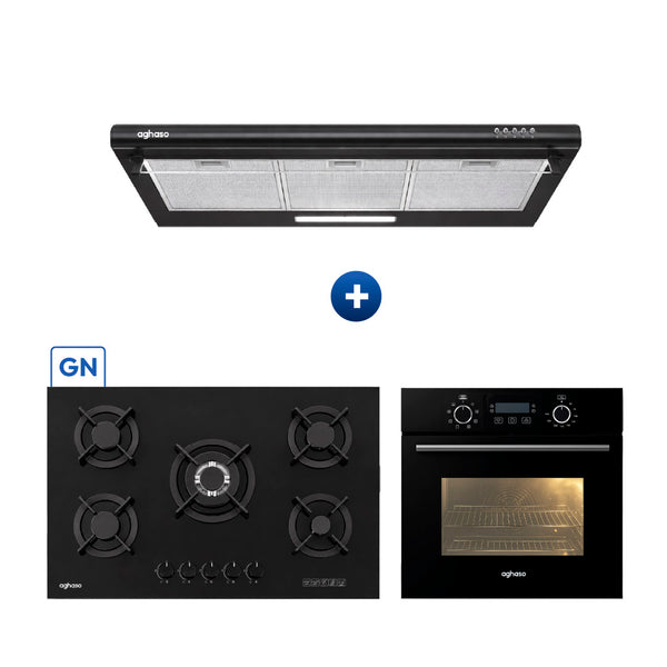 Tricombo Aghaso Black 90 cm: Campana Negra + Encimera + Horno Eléctrico