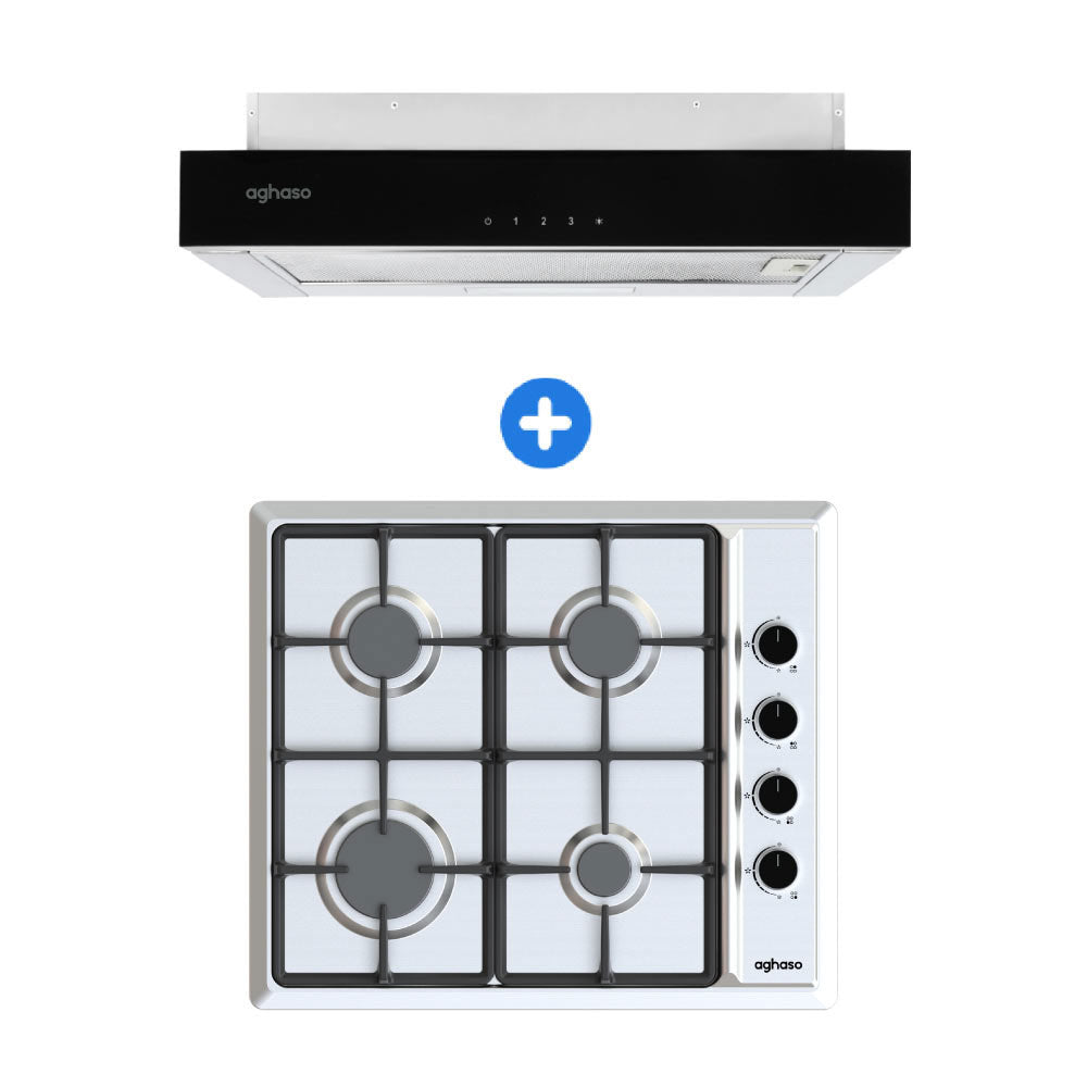 COMBO: ENCIMERA AGHASO INOX COMPACTA GLP + CAMPANA EXTRAIBLE PREMIUM 60 CM