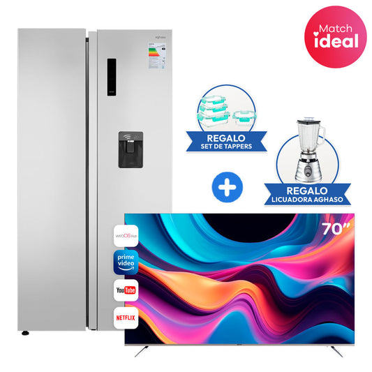 DUO PERFECTO: REFRIGERADORA SIDE BY SIDE 511 L + TV 70" AGHASO 4K SIN BORDES