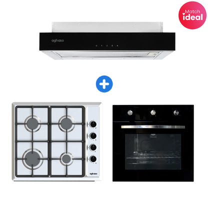 Combo: ENCIMERA AGHASO INOX COMPACTA GLP + Campana Extraible Premium Black 60 CM + Horno 4 funciones GLP