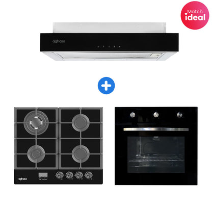 Combo: ENCIMERA AGHASO MESA  VIDRIO 60 CM COMPACTA GLP + CAMPANA EXTRAIBLE PREMIUM 60 CM + HORNO 4 FUNCIONES GLP