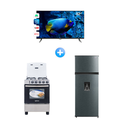 TRICOMBO: COCINA AGHASO 4 HORNILLAS - ESSENCIAL + REFRIGERADORA AGHASO 199L + TV AGHASO 32"