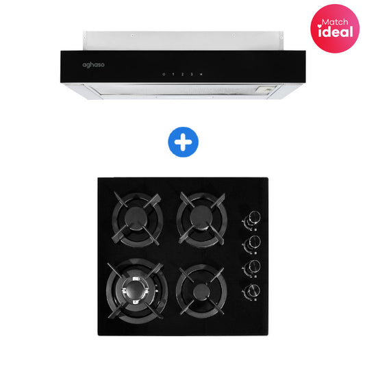 COMBO: ENCIMERA AGHASO MESA DE VIDRIO 4 HORNILLAS + CAMPANA EXTRAIBLE PREMIUM