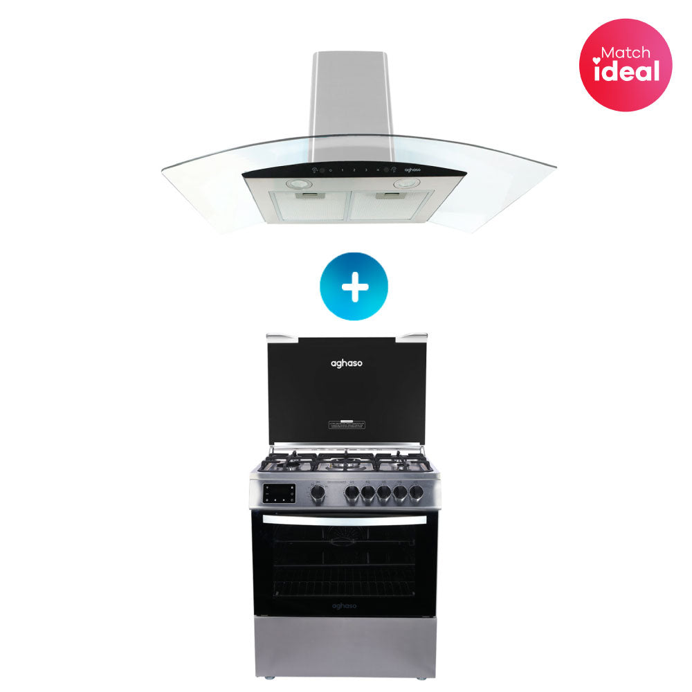 COMBO: COCINA DIGITAL 5 HORNILLAS + CAMPANA AGHASO CHIMENEA 90 CM