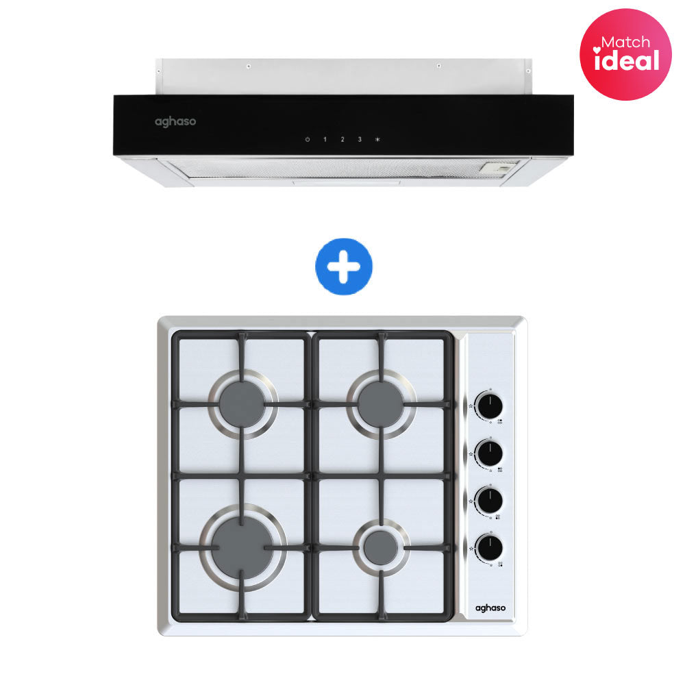 COMBO: ENCIMERA AGHASO INOX COMPACTA GLP + CAMPANA EXTRAIBLE PREMIUM 60 CM