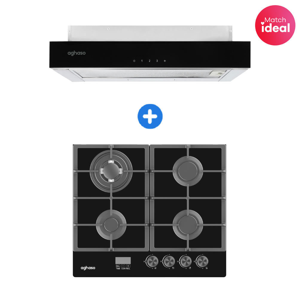 COMBO: ENCIMERA AGHASO MESA VIDRIO 60 CM COMPACTA GLP + CAMPANA EXTRAIBLE PREMIUM 60 CM