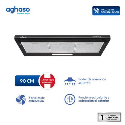 Tricombo Aghaso Black 90 cm: Campana Negra + Encimera + Horno Eléctrico
