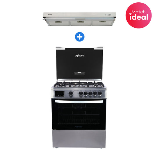 COMBO: COCINA DIGITAL 5 HORNILLAS + CAMPANA AGHASO EXTRACTORA 90 CM