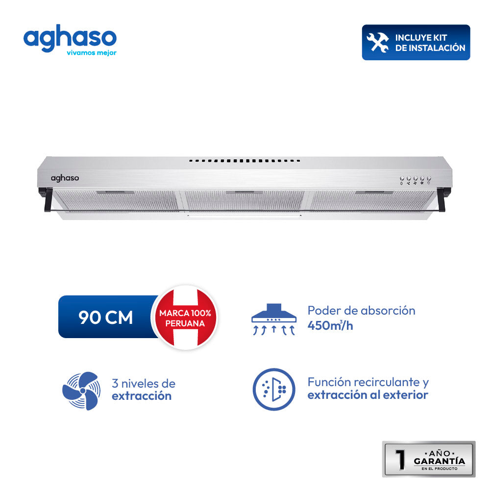 Campana Extractora Aghaso 90 cm Inox | Ideal para departamentos | 450 m³/h