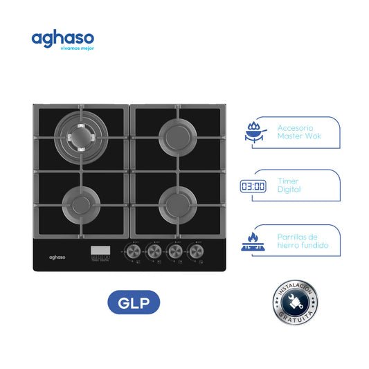 Encimera Aghaso 60 cm Vidrio Templado 4 Quemadores con Timer y Master Wok