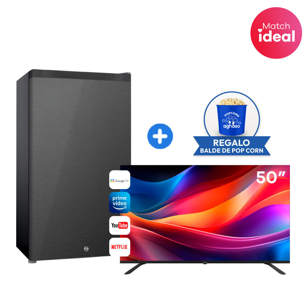 DUO PERFECTO: FRIGOBAR 88L + TV 50" AGHASO 4K SIN BORDE