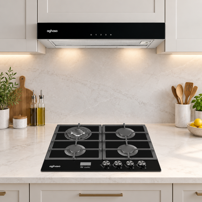 Combo Campana Extraíble Premium 60 cm + Encimera de Vidrio GLP 4 Hornillas 60 cm Aghaso