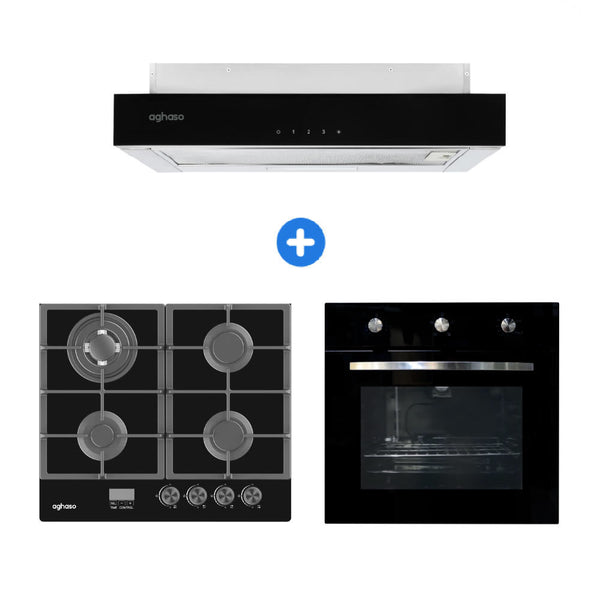 Combo: ENCIMERA AGHASO MESA  VIDRIO 60 CM COMPACTA GLP + CAMPANA EXTRAIBLE PREMIUM 60 CM + HORNO 4 FUNCIONES GLP