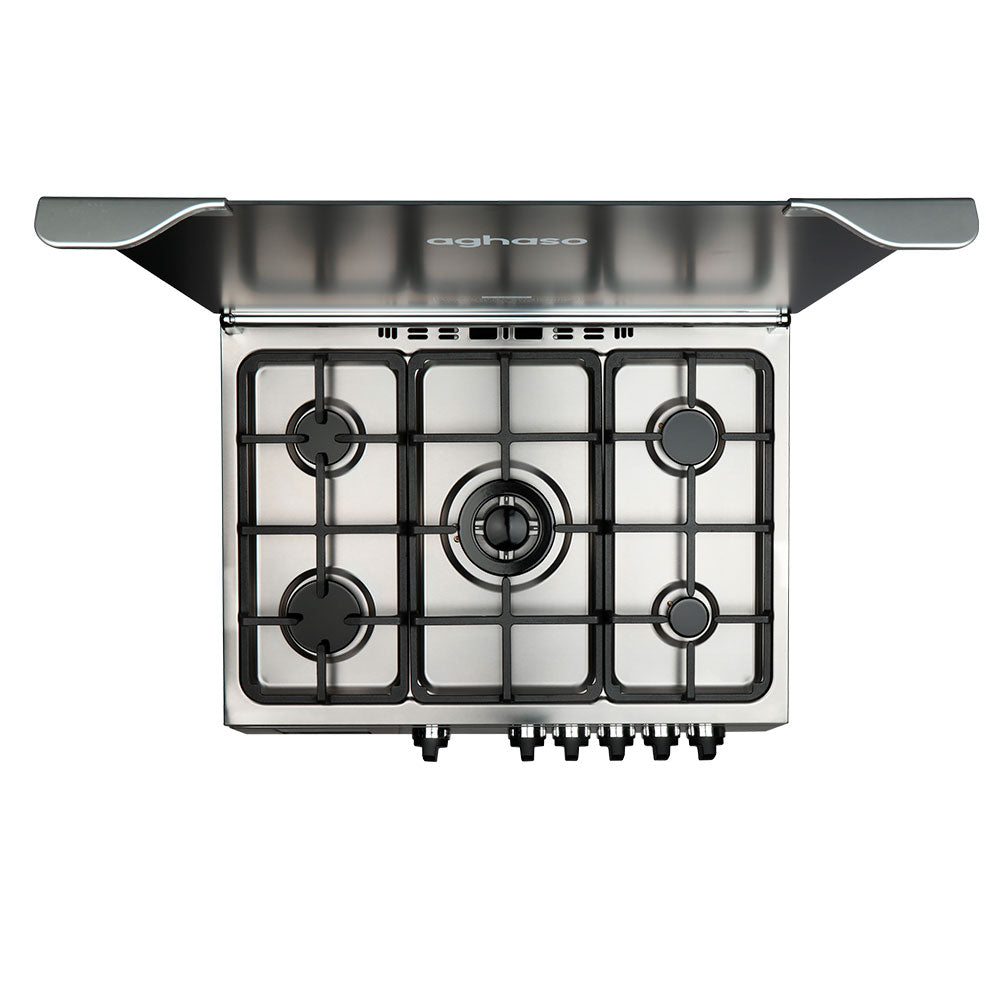 COMBO: COCINA DIGITAL 5 HORNILLAS + CAMPANA AGHASO CHIMENEA 90 CM