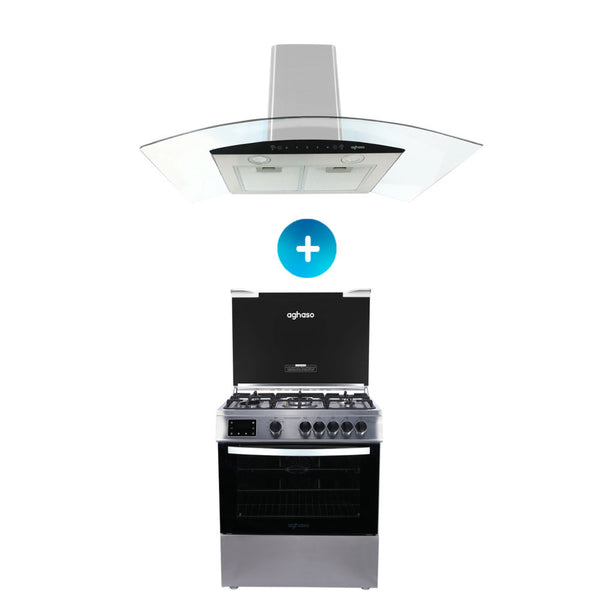 COMBO: COCINA DIGITAL 5 HORNILLAS + CAMPANA AGHASO CHIMENEA 90 CM