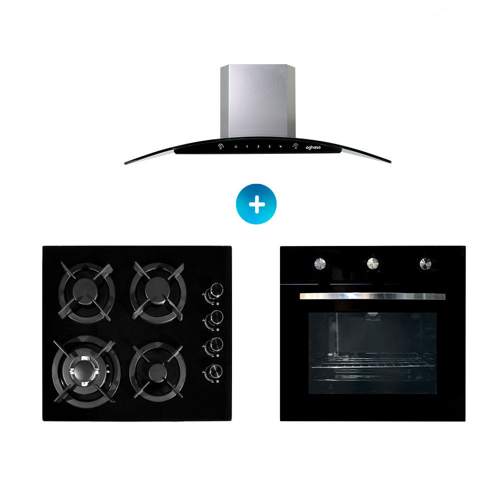 Combo: Encimera 4 hornillas GLP + Campana Chimenea 60 cm + Horno a gas 4  funciones GLP