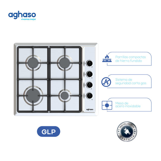 Encimera Aghaso 60cm Inox 4 Quemadores GLP Triple Llama