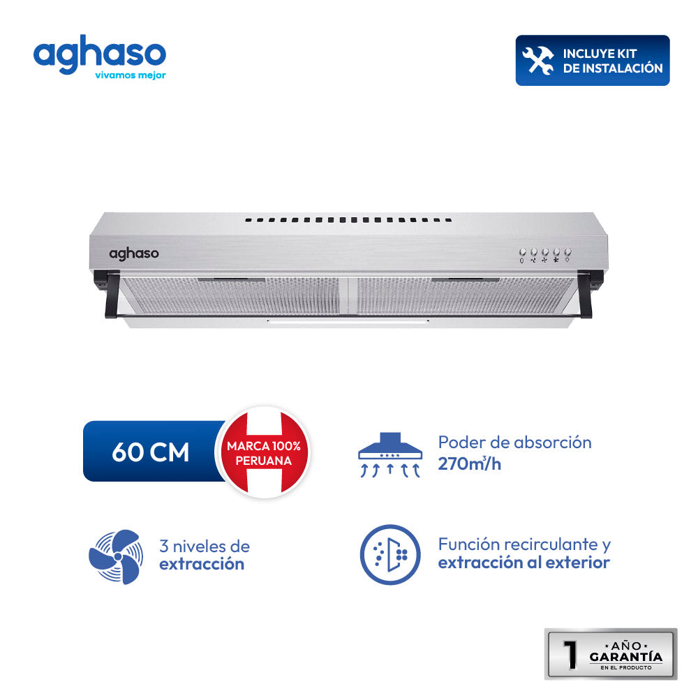 Campana Extractora Aghaso 60cm Inox | Ideal para departamentos | 270 m³/H