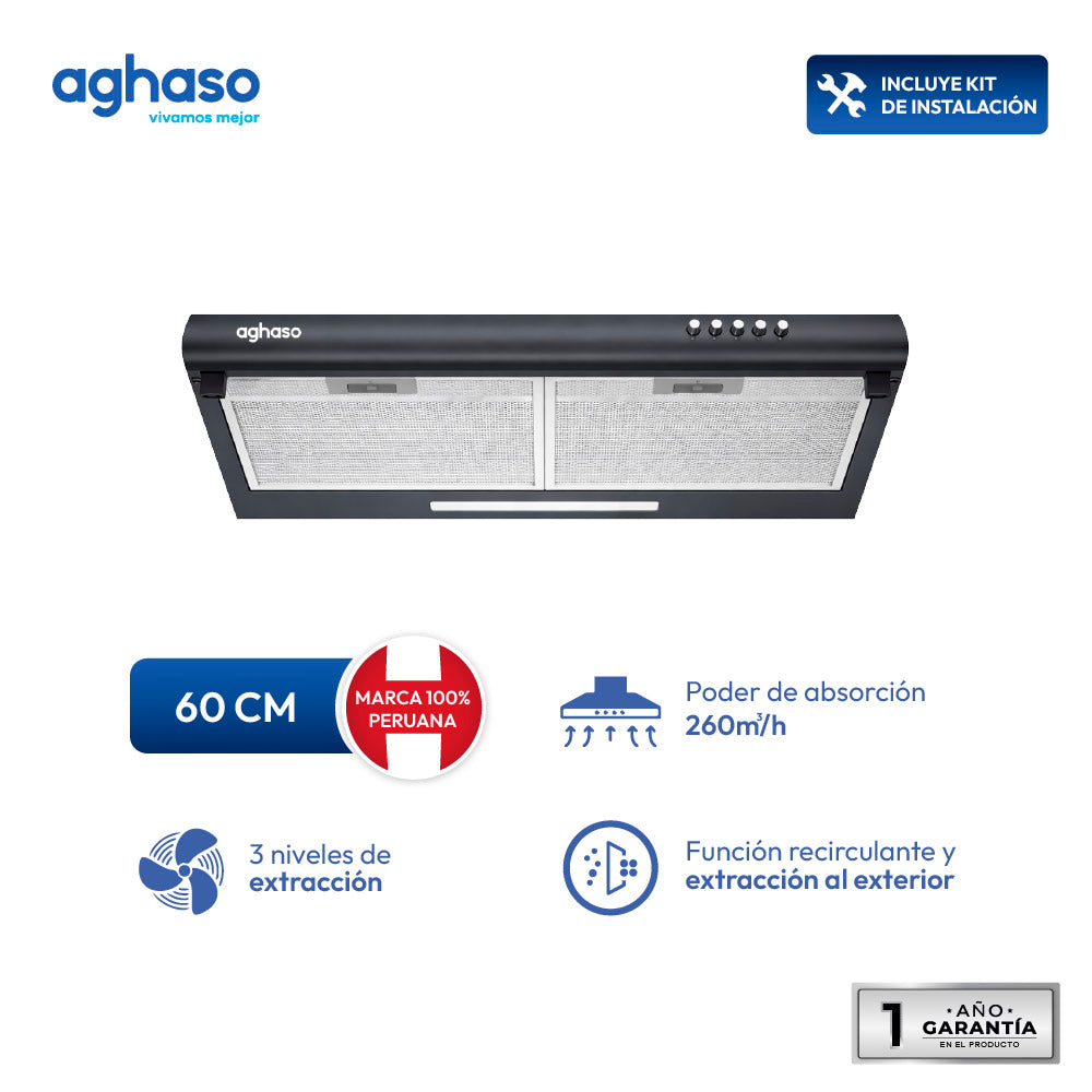 Campana Extractora Aghaso 60cm Extraíble Black Premium