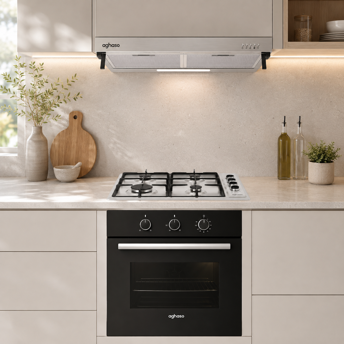 Tricombo Campana Extractora Inox 60 cm + Encimera Inox Compacta GLP 60 cm + Horno Empotrable GLP 4 Funciones 60 L Aghaso