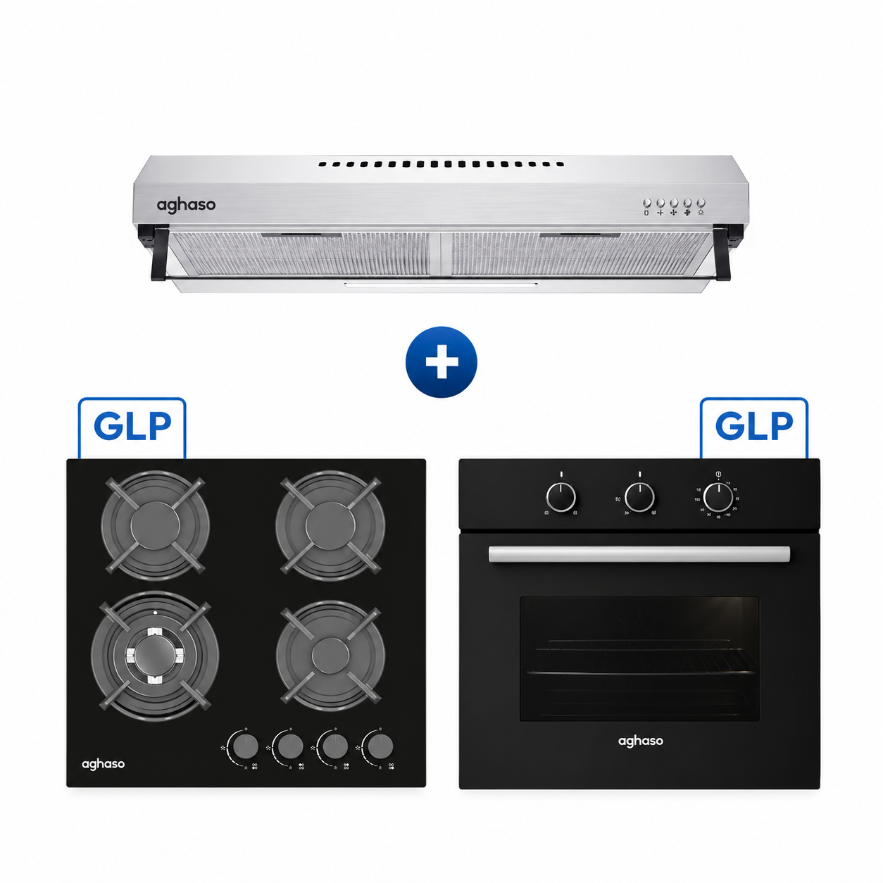 Tricombo Campana Extractora Inox 60 cm + Encimera Compacta GLP 60 cm + Horno Empotrable 4 Funciones Aghaso