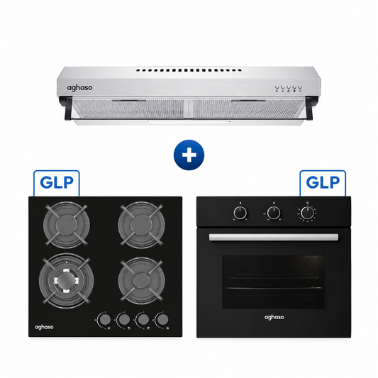 Tricombo Campana Extractora Inox 60 cm + Encimera Compacta GLP 60 cm + Horno Empotrable 4 Funciones Aghaso