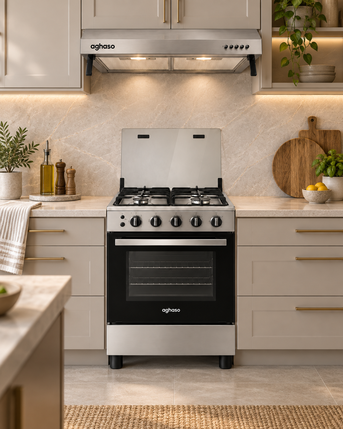 Combo Campana Extractora Inox 60 cm + Cocina Essential GLP 4 Hornillas Aghaso
