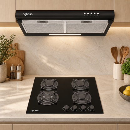 Combo Campana Extractora Black 60 cm + Encimera de Vidrio GLP 4 Hornillas 60 cm Aghaso