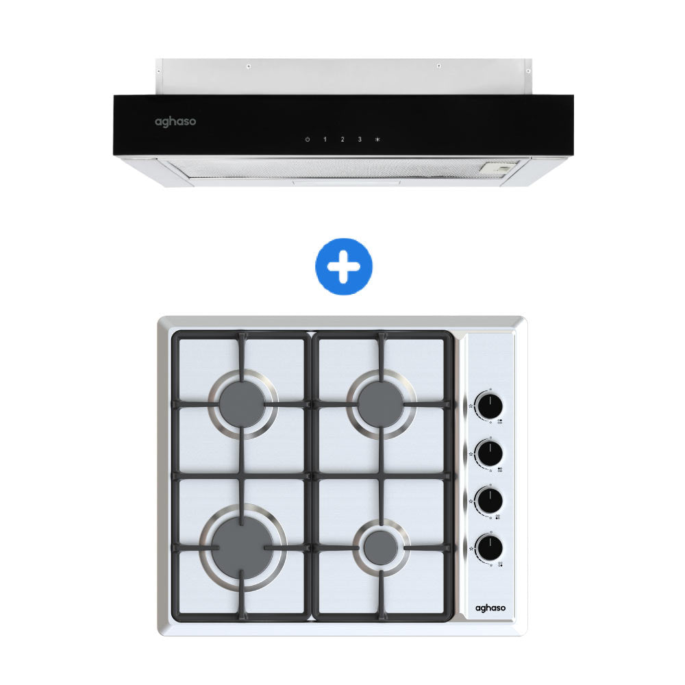 COMBO: ENCIMERA AGHASO INOX COMPACTA GLP + CAMPANA EXTRAIBLE PREMIUM 60 CM