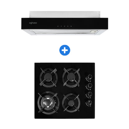 COMBO: ENCIMERA AGHASO MESA DE VIDRIO 4 HORNILLAS + CAMPANA EXTRAIBLE PREMIUM