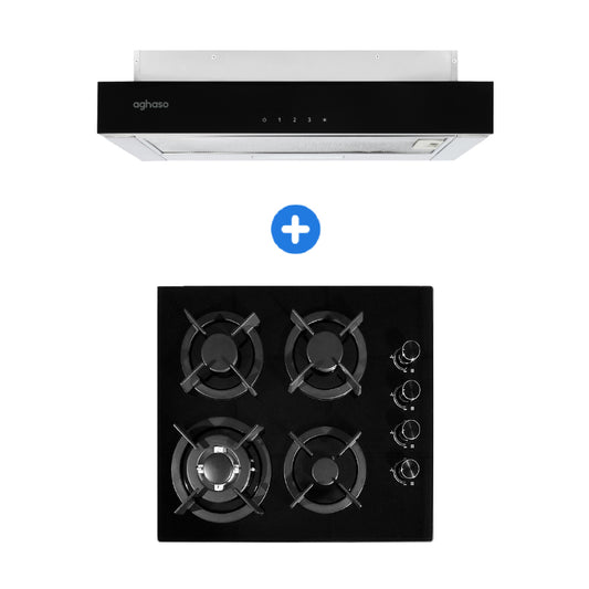 COMBO: ENCIMERA AGHASO MESA DE VIDRIO 4 HORNILLAS + CAMPANA EXTRAIBLE PREMIUM
