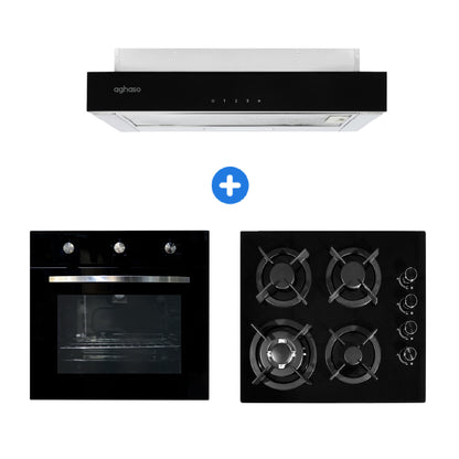 Combo: Encimera 4 hornillas GLP + Campana Extraible Premium Black 60 CM + Horno 4 funciones GLP