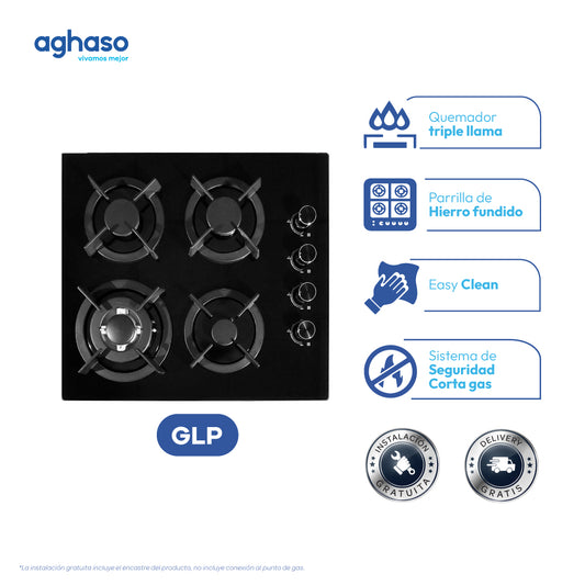 Encimera Aghaso 60 cm de Vidrio Templado 4 Hornillas GLP