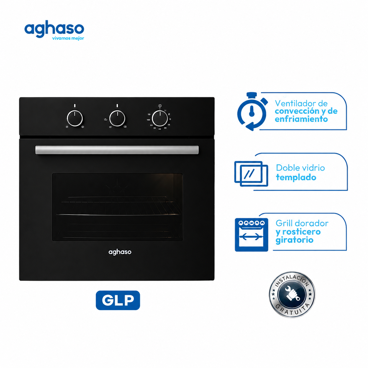 Tricombo Campana Extractora Inox 60 cm + Encimera Compacta GLP 60 cm + Horno Empotrable 4 Funciones Aghaso