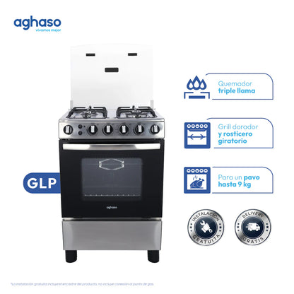 Combo Cocina Premium 4 Hornillas + Lavadora 12 kg Silver Aghaso | GLP